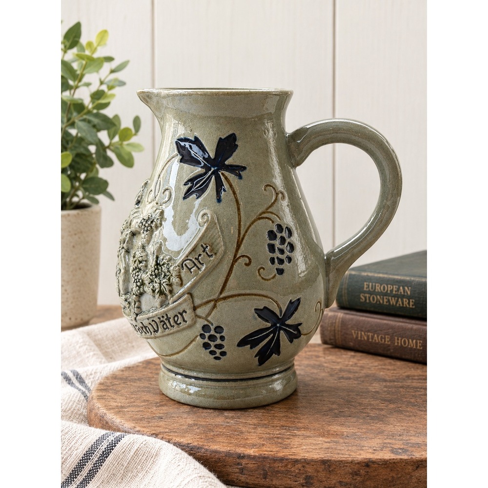 Vintage German Stoneware Wine Pitcher Cobalt Blue Relief Grapes Cherub Bacchus